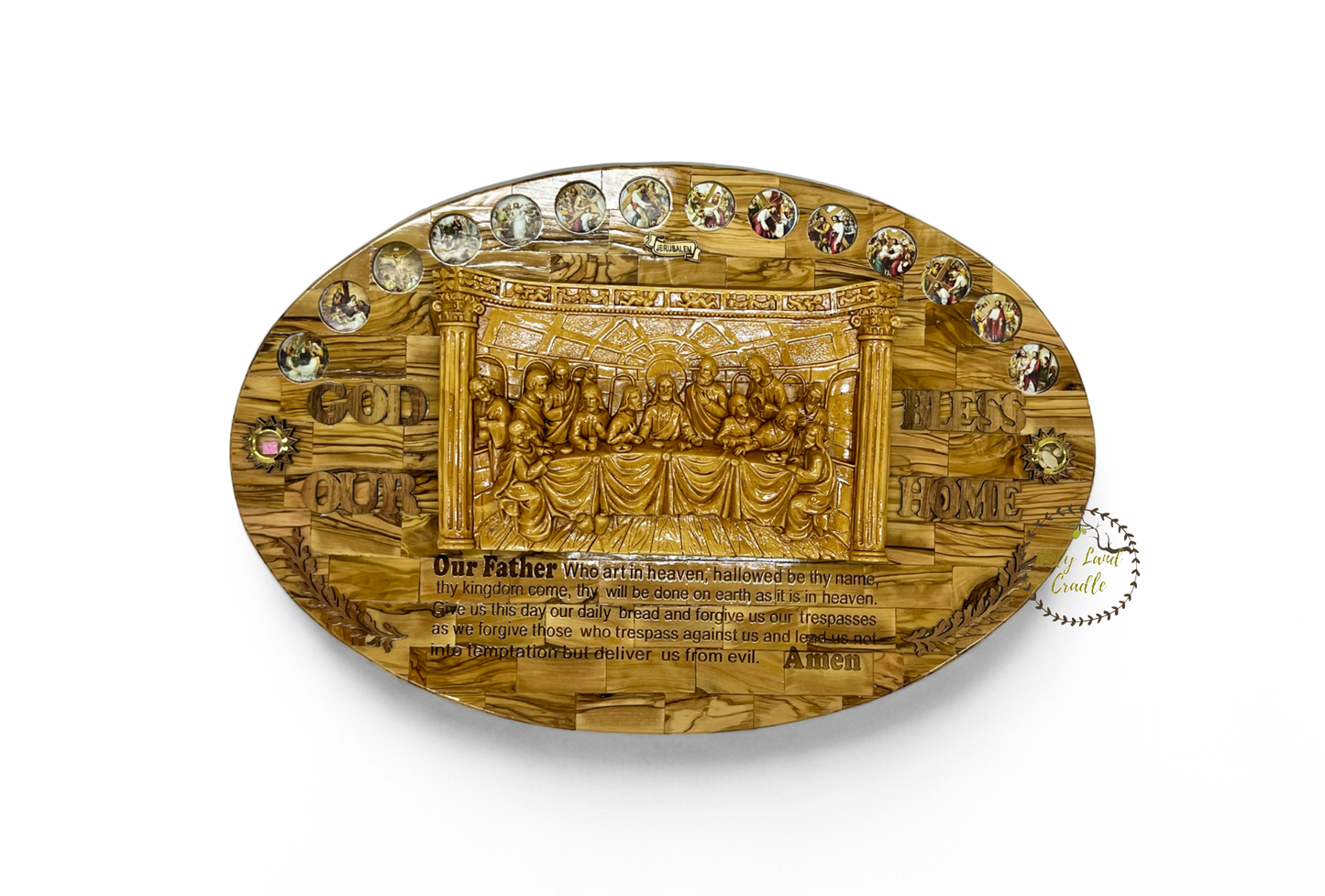 Olive Wood Last Supper with 14 Stations and Our Father Prayer Engraved