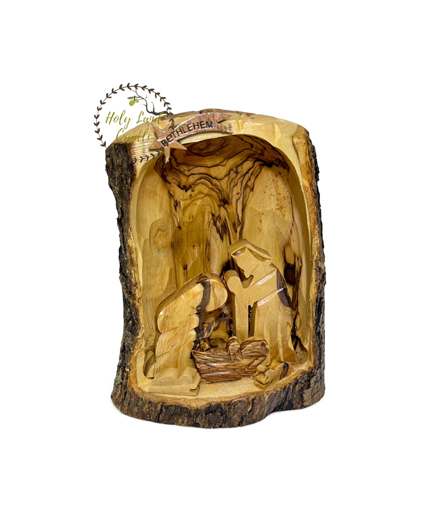 Olive Wood Nativity with Natural Bark