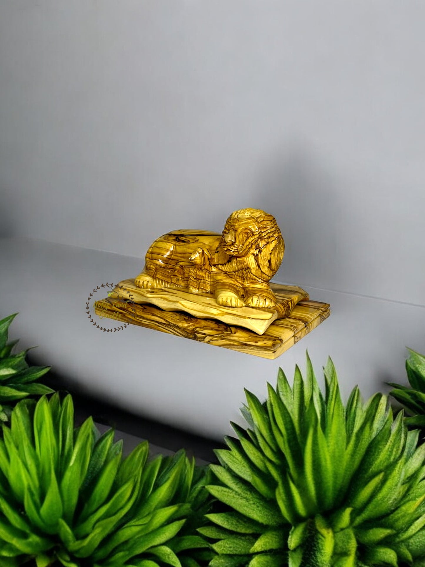 Olive Wood Lion And Lamb Statue