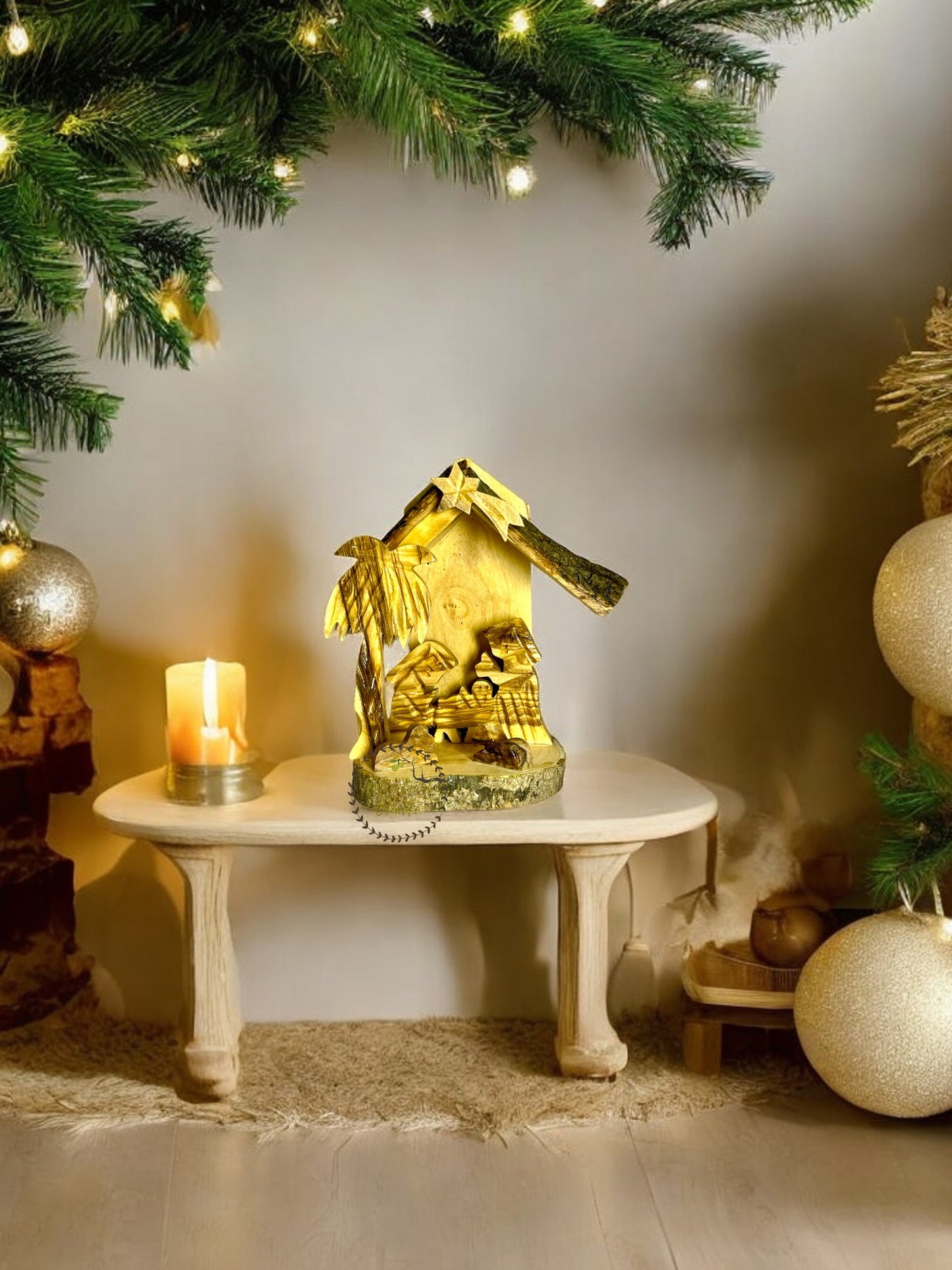 Olive Wood Christmas Tree Nativity Scene