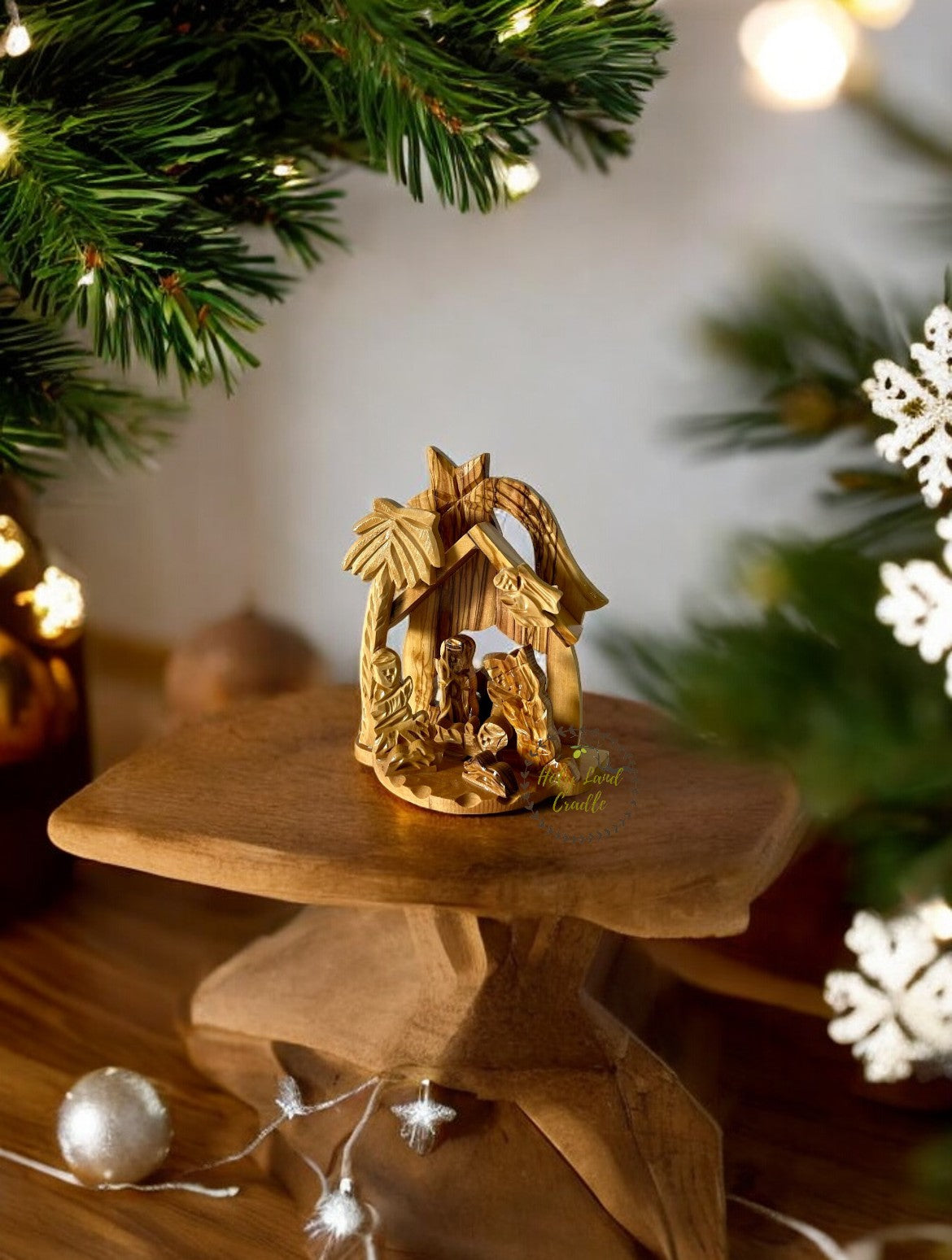 Olive Wood Church & Star curve Shaped Nativity Scene