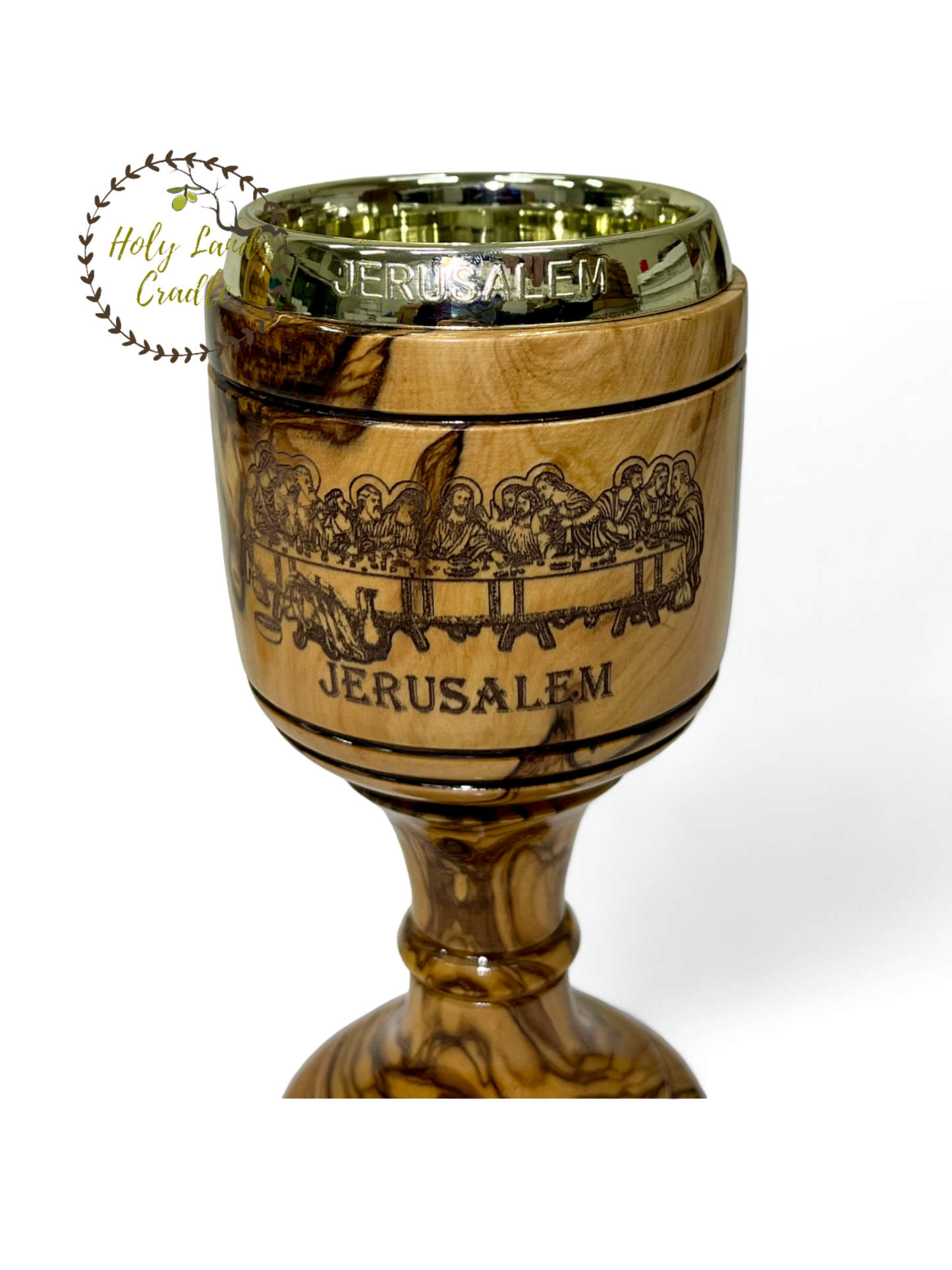Olive Wood Chalice Last supper & Jerusalem Cross Engraved