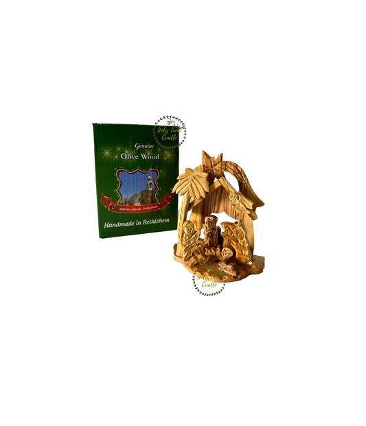 Olive Wood Church & Star curve Shaped Nativity Scene