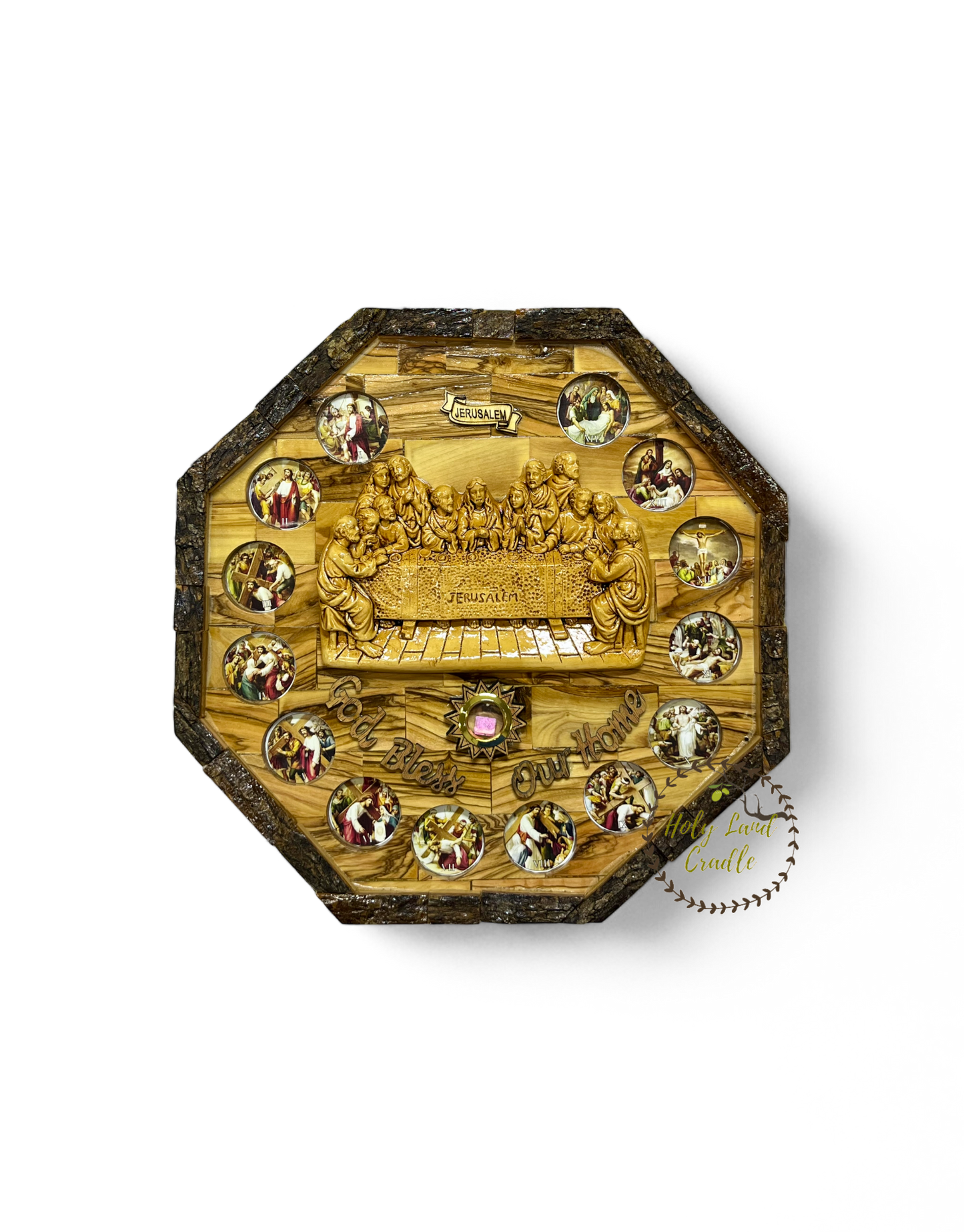 Olive Wood Last Supper with 14 Stations & Natural Bark