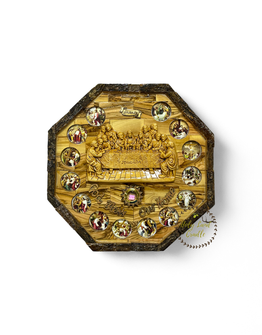 Olive Wood Last Supper with 14 Stations & Natural Bark