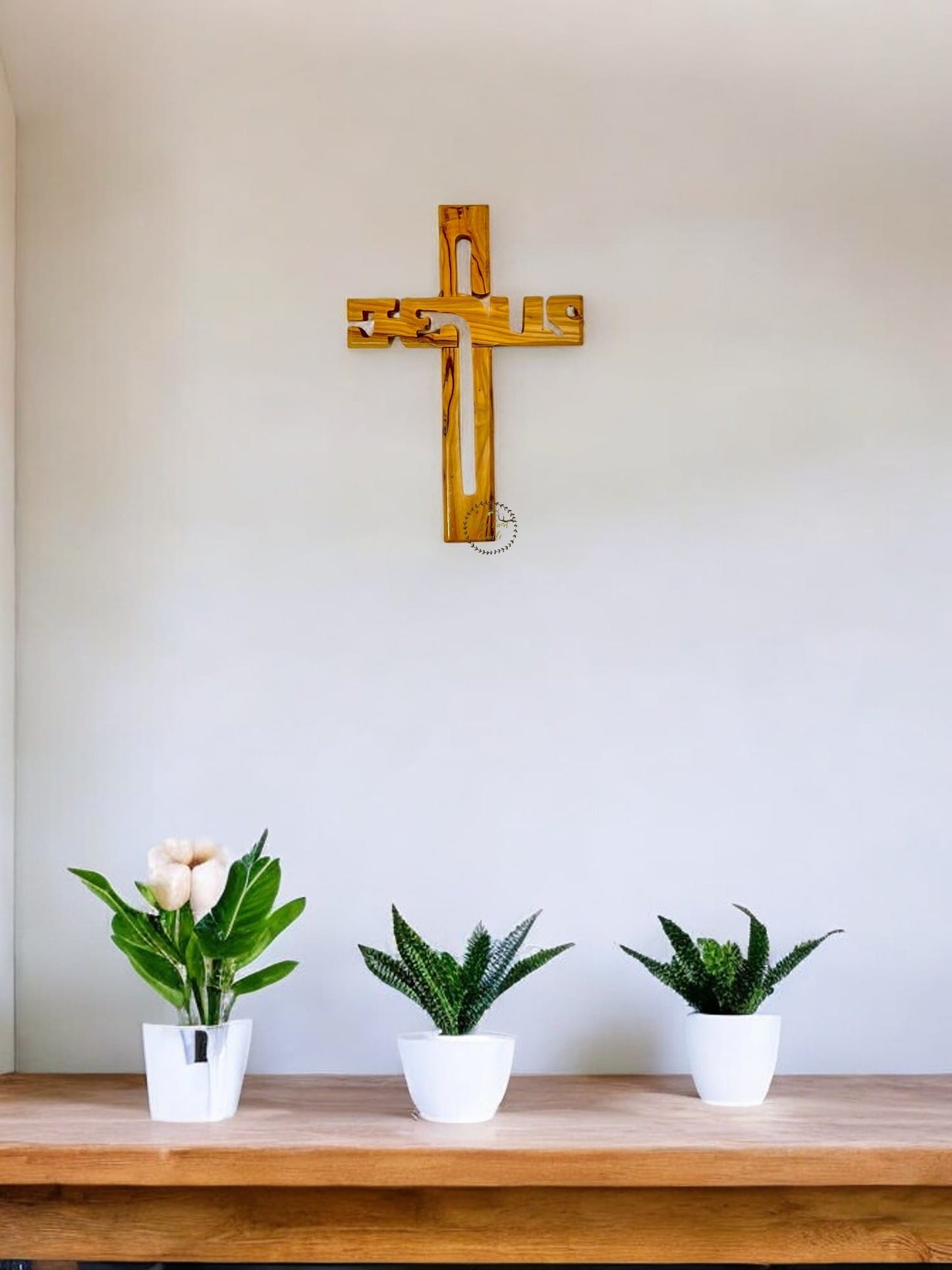 Olive Wood Cross with Jesus Name