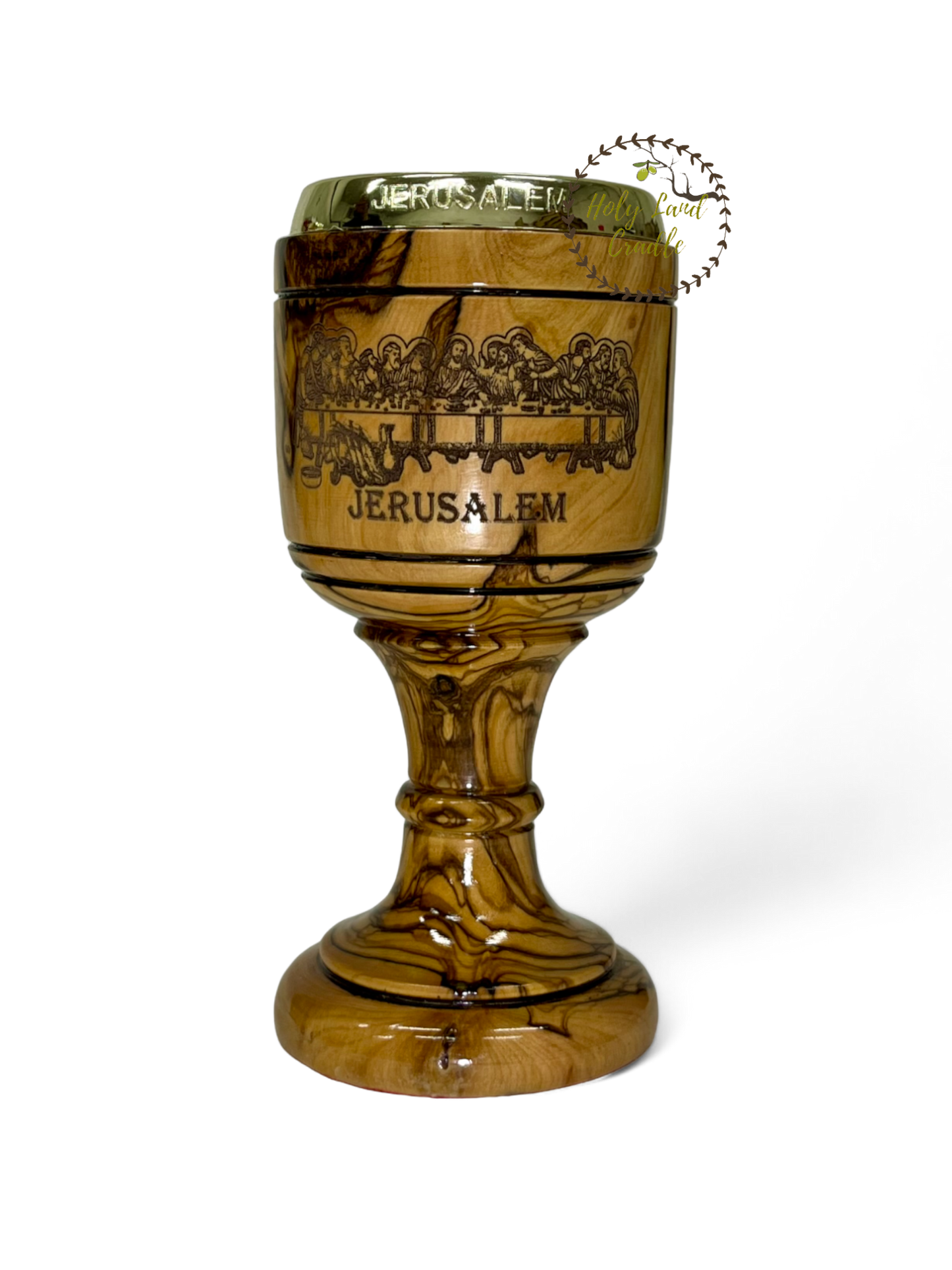 Olive Wood Chalice Last supper & Jerusalem Cross Engraved