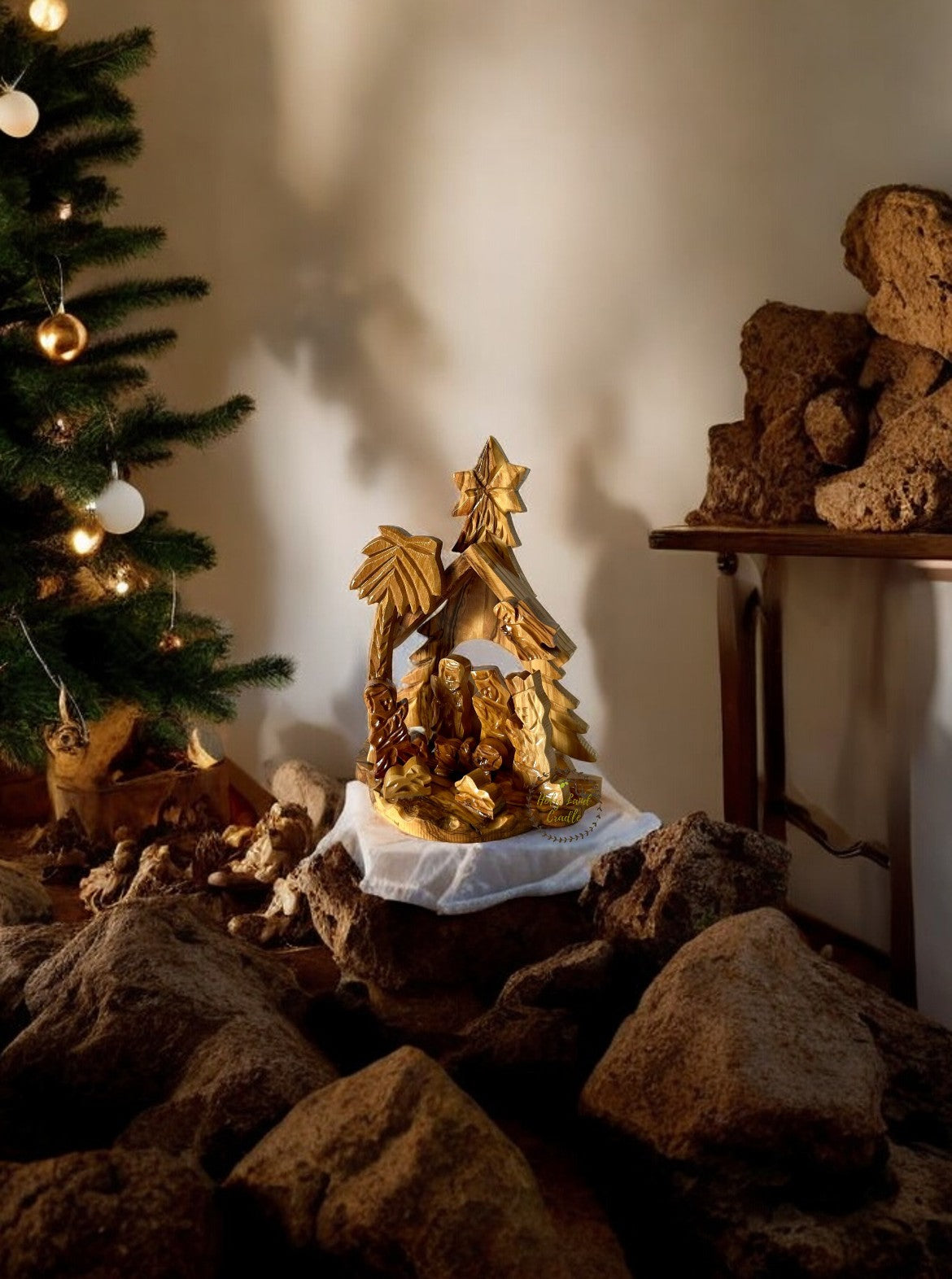 Olive Wood Church & Star Shaped Nativity Scene