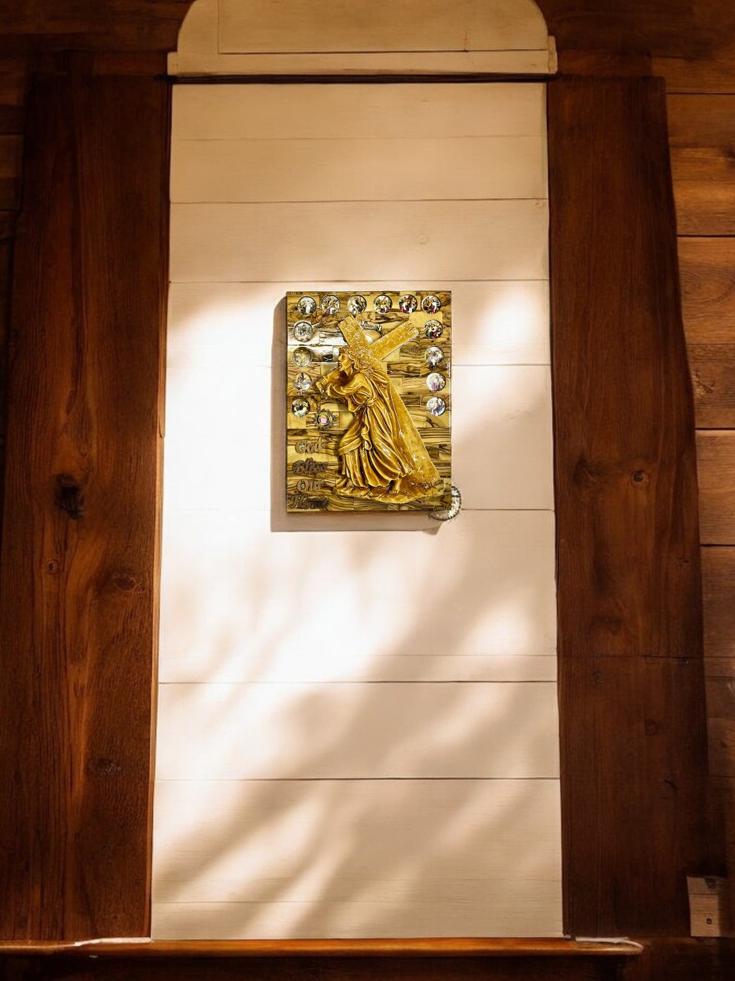 Olive Wood Jesus Holding Cross with 14 Stations