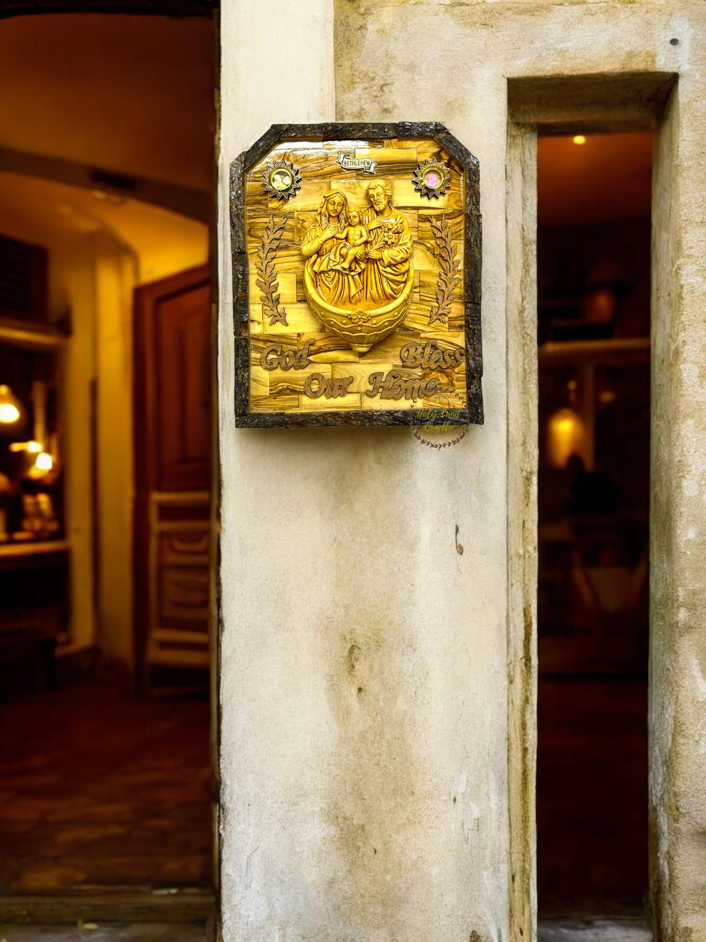 Olive Wood  Holy Family with Water/Oil Font