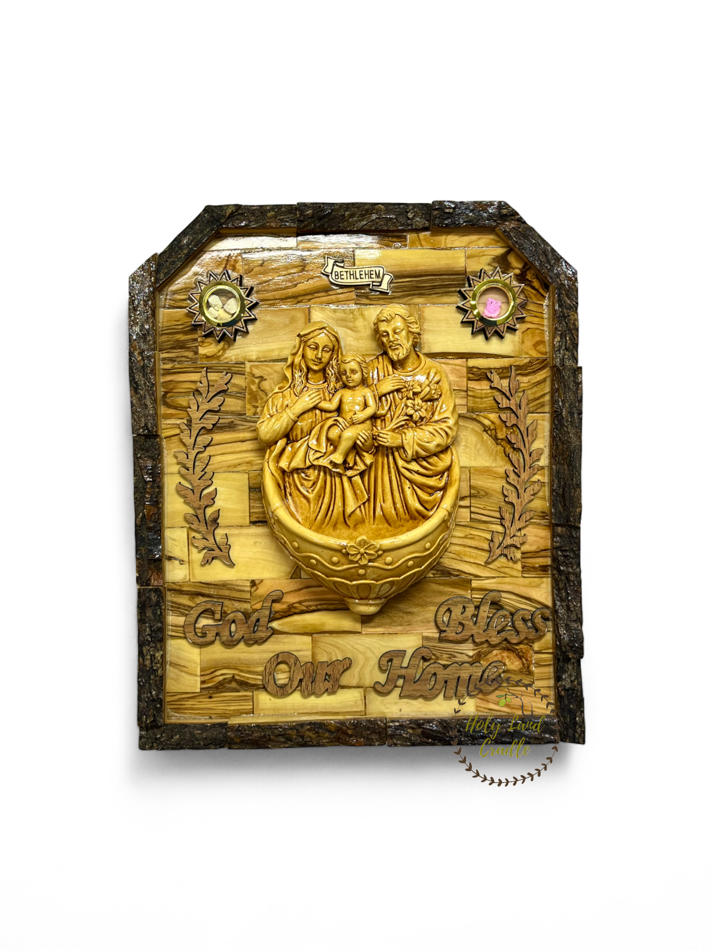 Olive Wood  Holy Family with Water/Oil Font