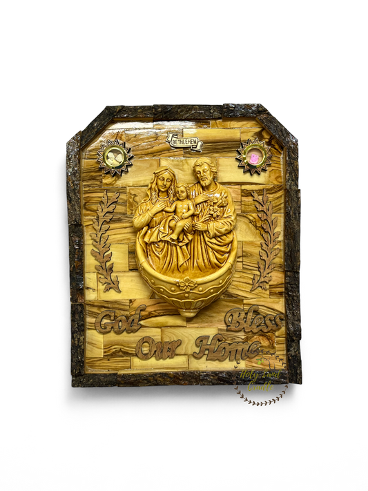 Olive Wood  Holy Family with Water/Oil Font