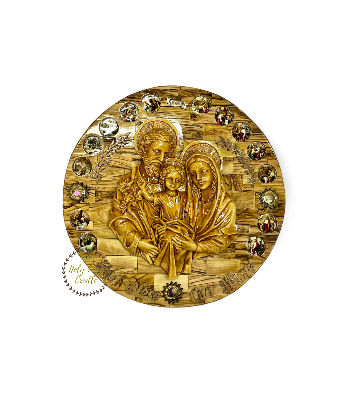 Olive Wood Holy Family with 14 Stations