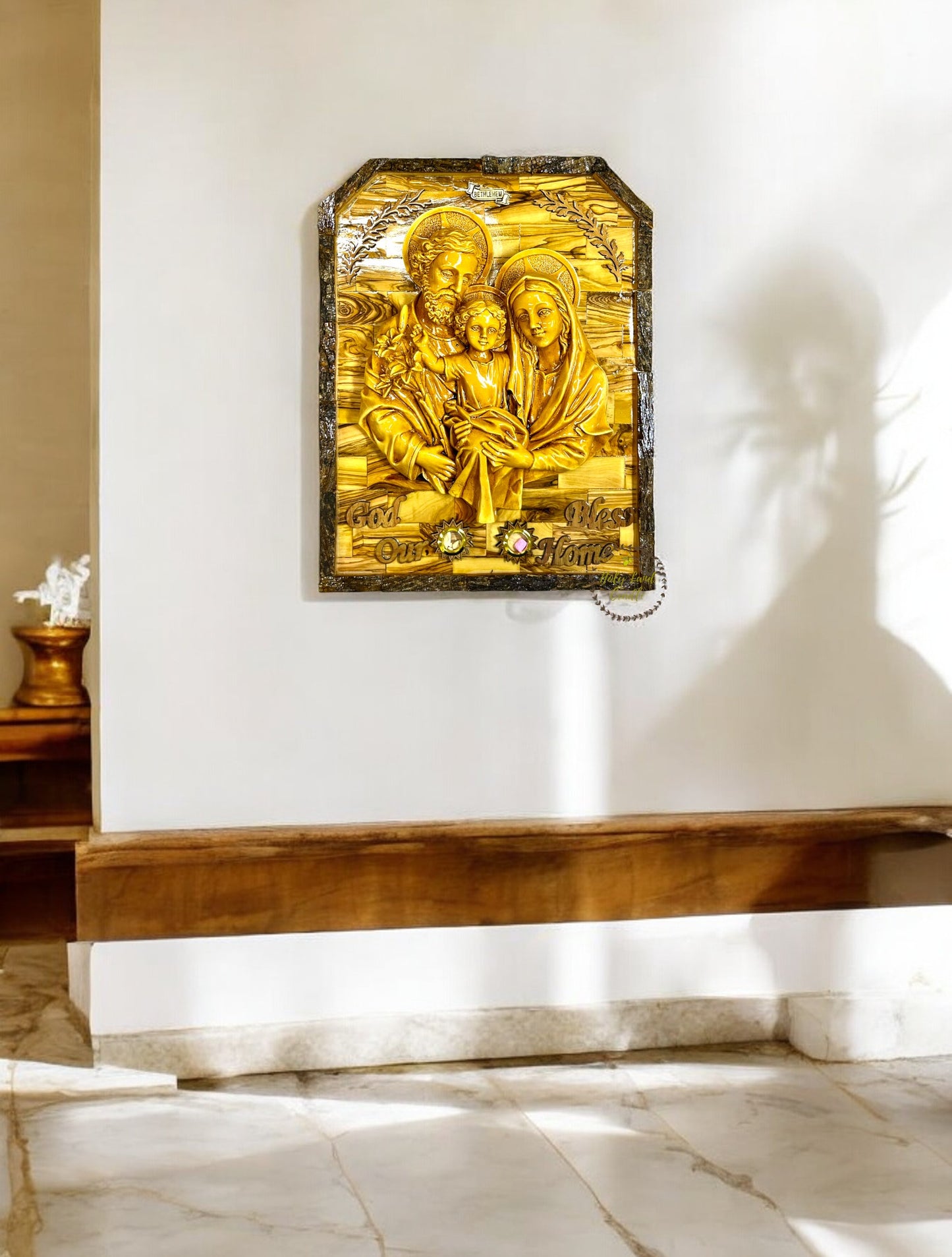 Olive Wood Holy Family with Natural Bark