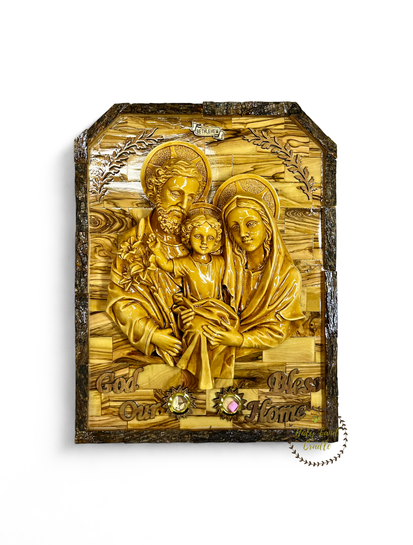 Olive Wood Holy Family with Natural Bark