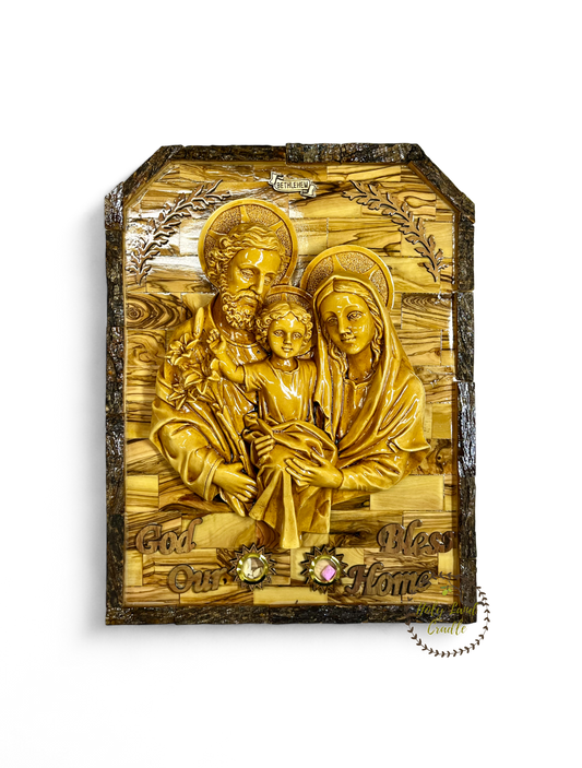 Olive Wood Holy Family with Natural Bark