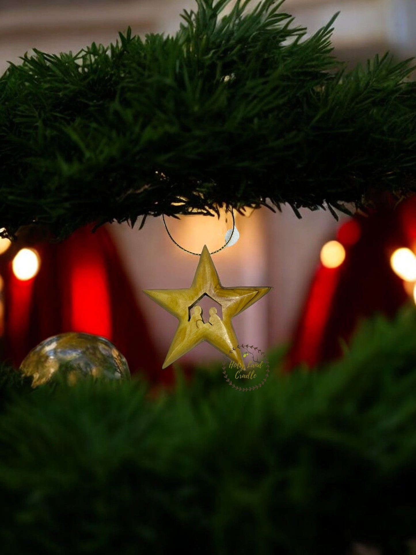 Olive Wood Star Ornament with Holy Family Carved