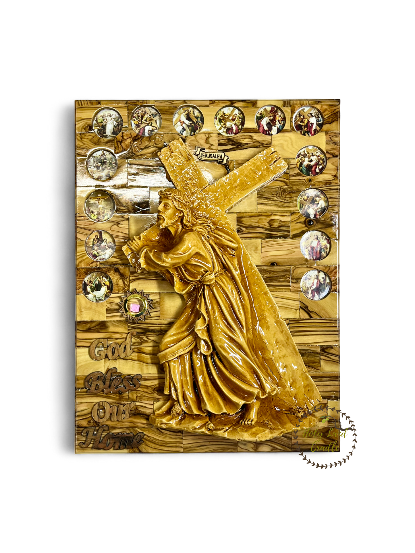 Olive Wood Jesus Holding Cross with 14 Stations