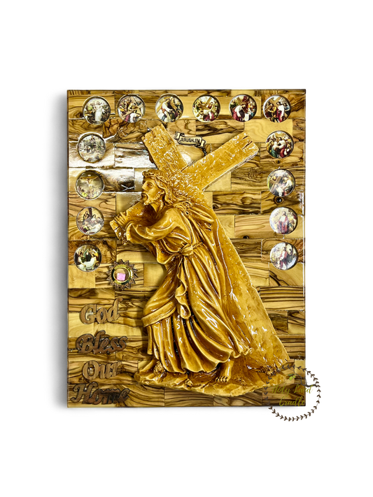 Olive Wood Jesus Holding Cross with 14 Stations