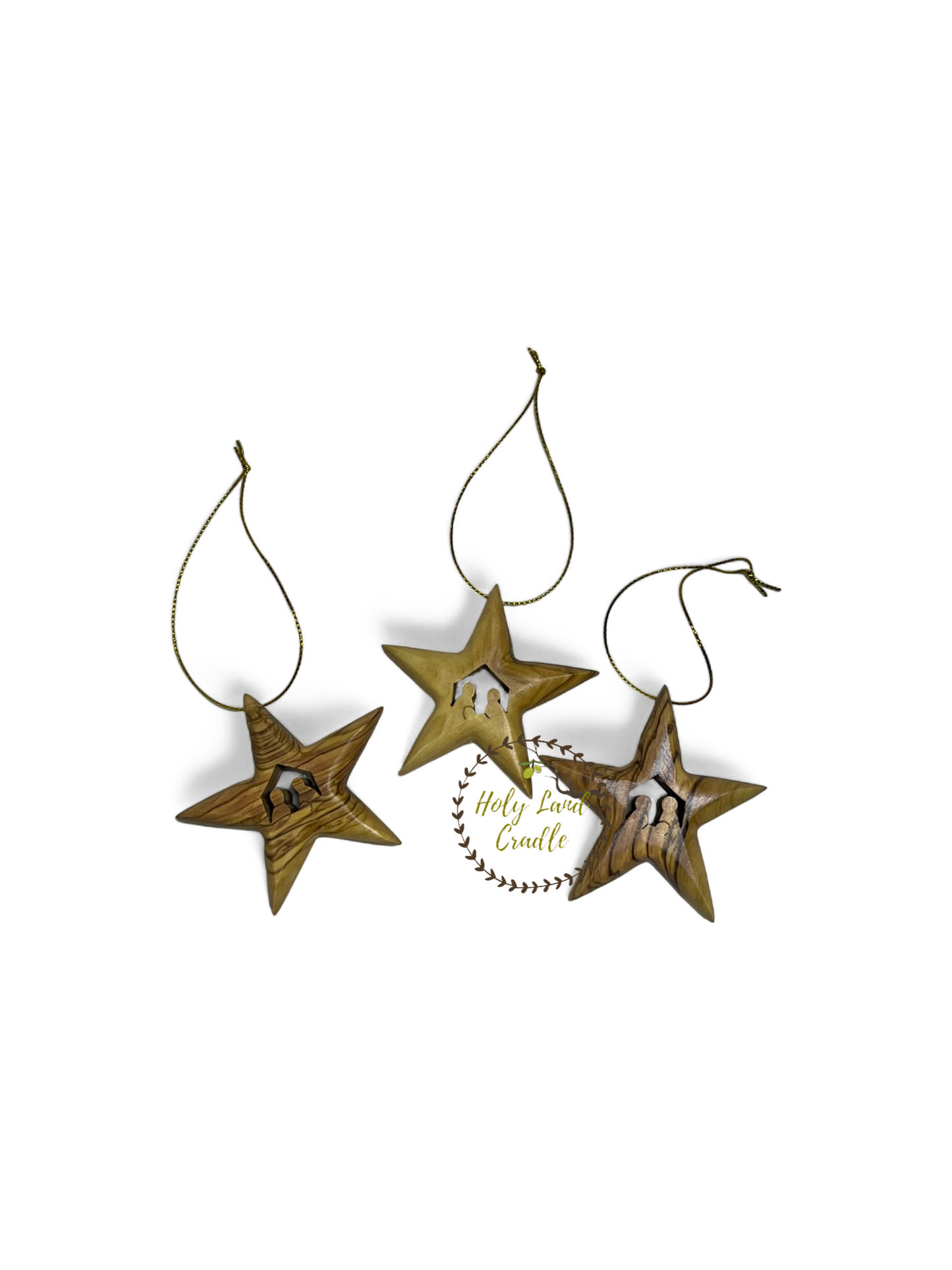 Olive Wood Star Ornament with Holy Family Carved