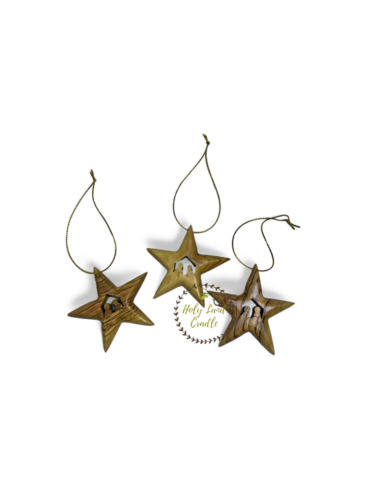 Olive Wood Star Ornament with Holy Family Carved