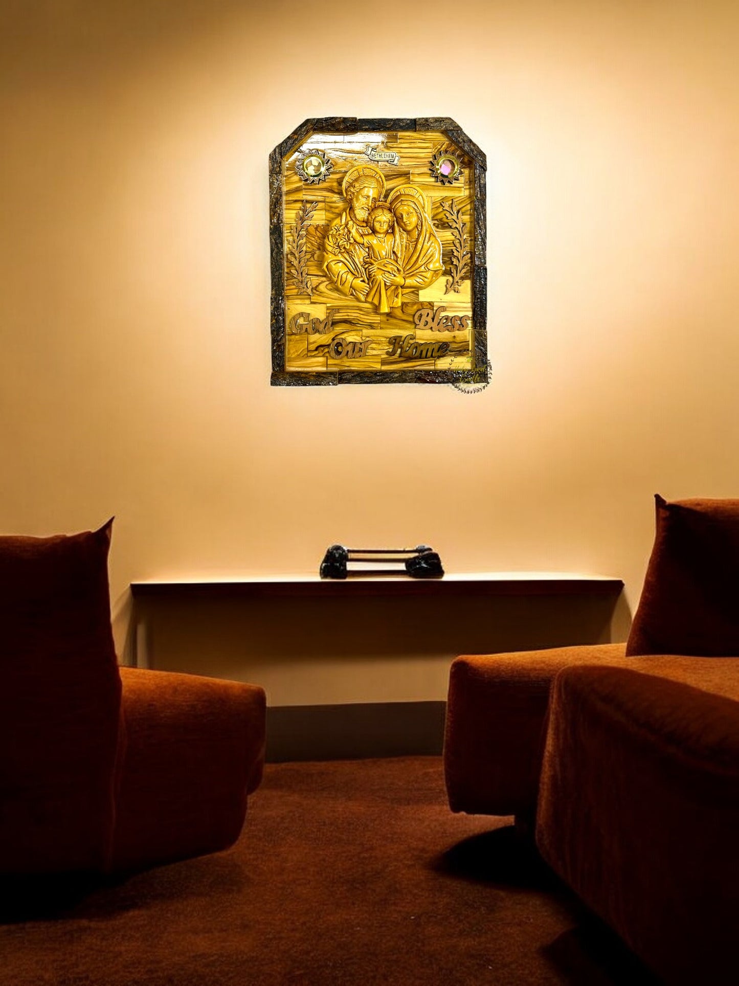 Olive Wood Holy Family with Natural Bark