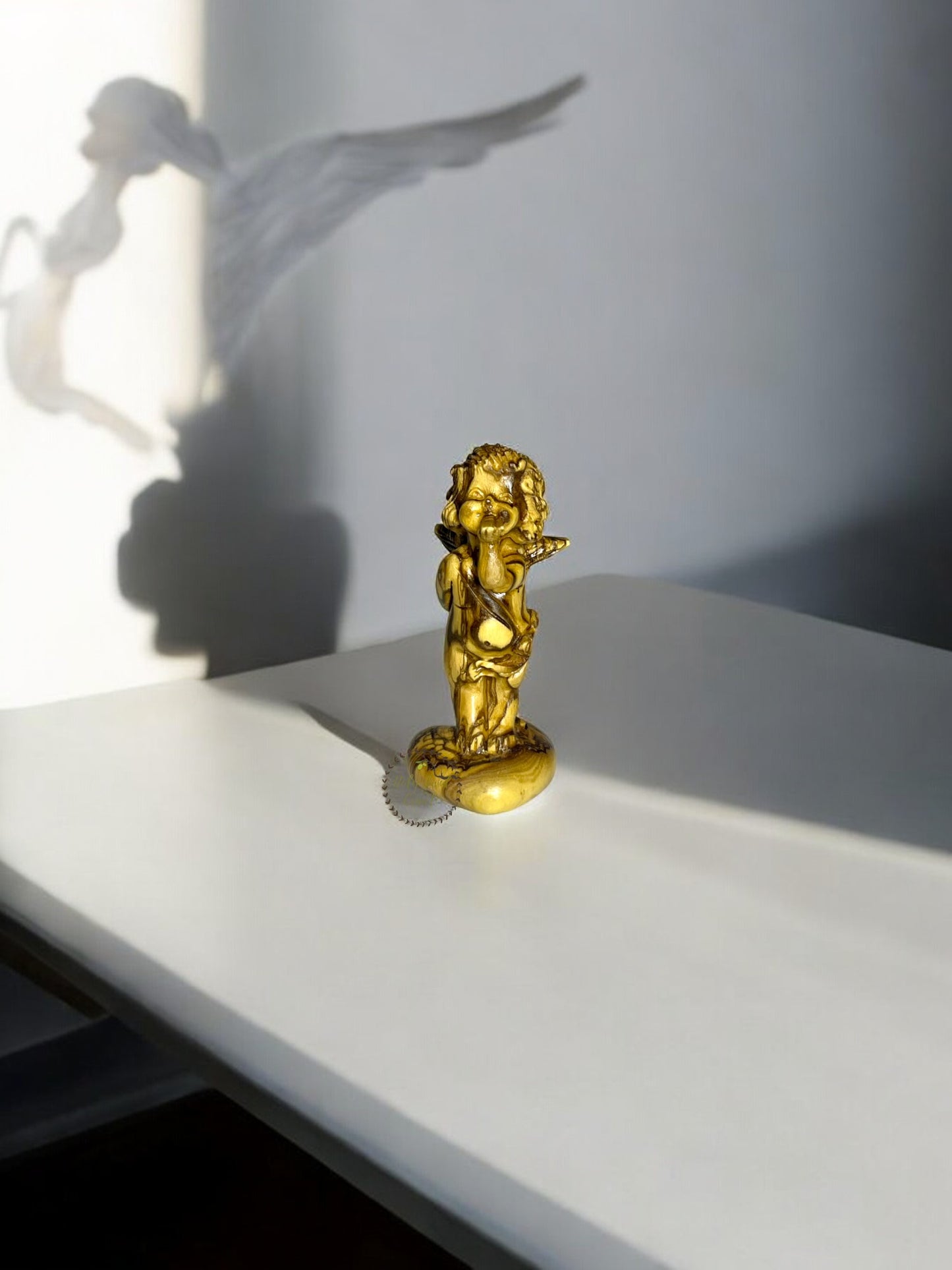 Olive Wood Carved Angel Blowing