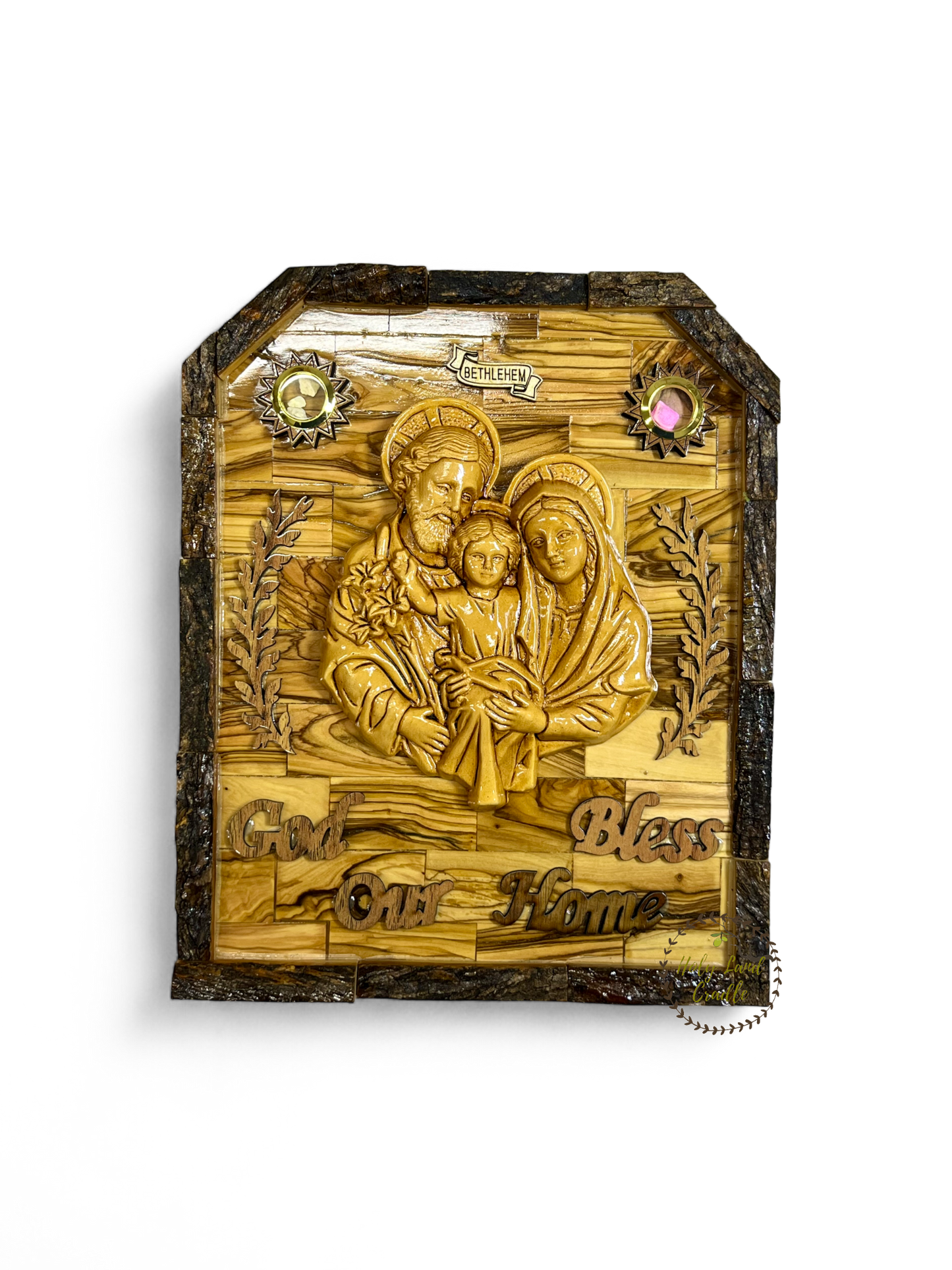 Olive Wood Holy Family with Natural Bark