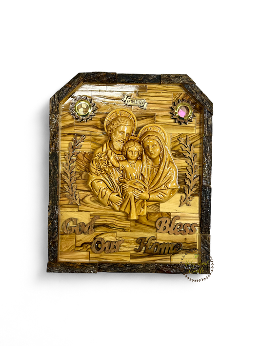 Olive Wood Holy Family with Natural Bark
