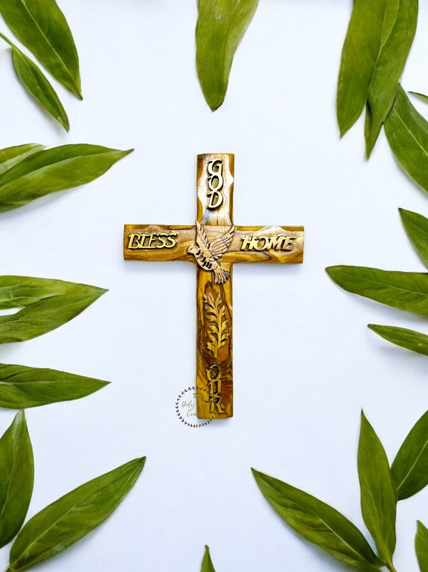 Olive Wood "Gold Bless Our Home" on a cross
