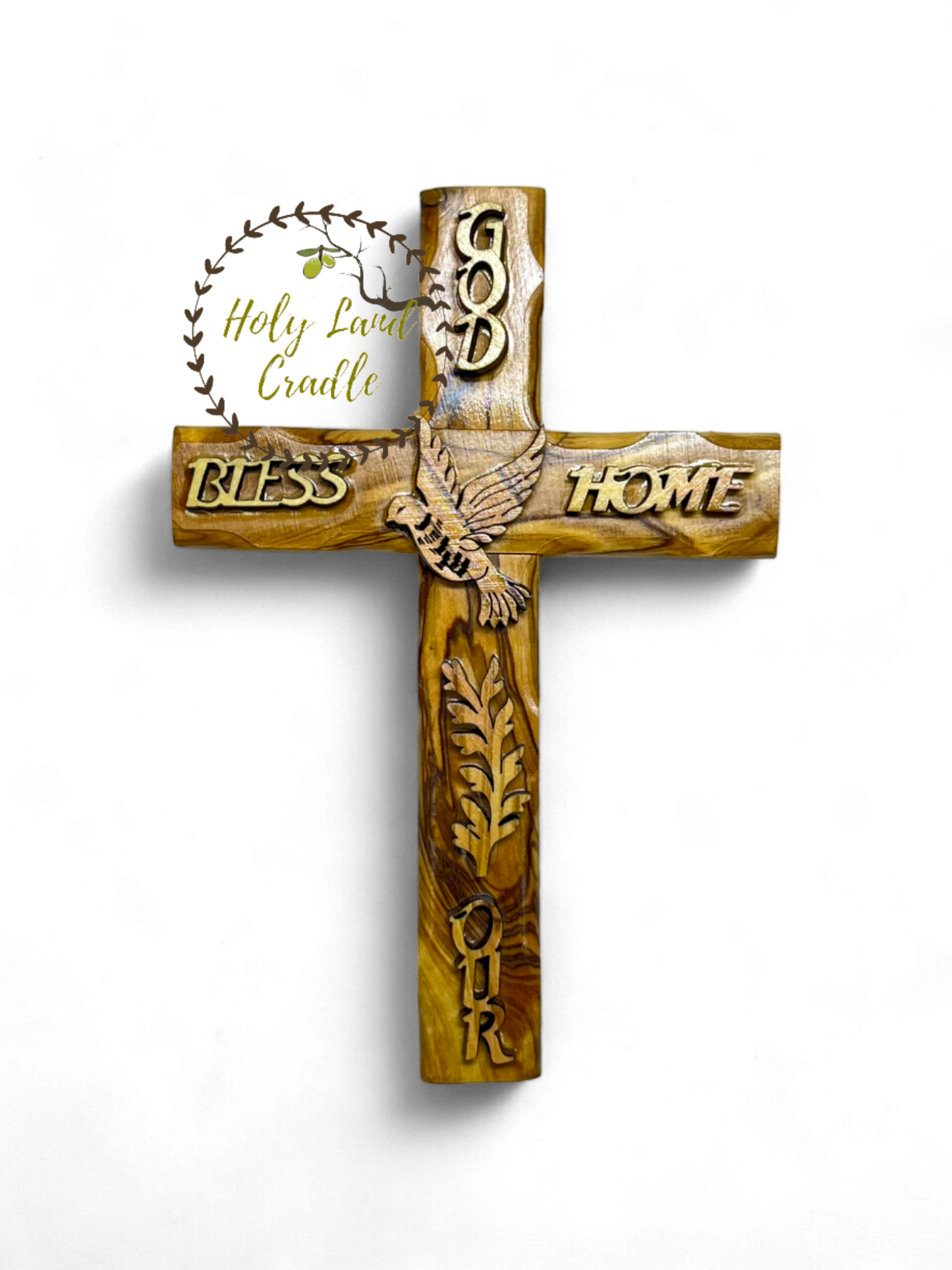 Olive Wood "Gold Bless Our Home" on a cross