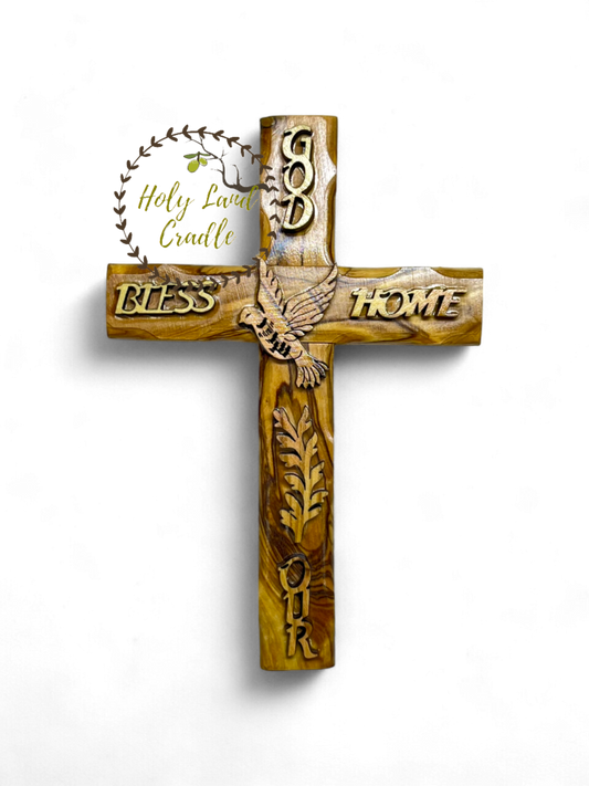 Olive Wood "Gold Bless Our Home" on a cross