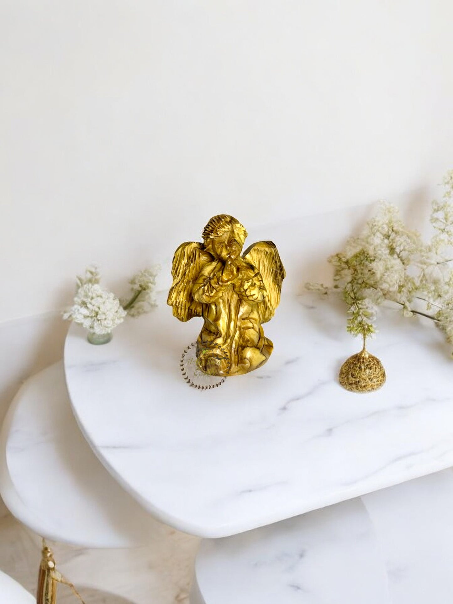 Olive Wood Hand  Carved Kneeling Praying Angel