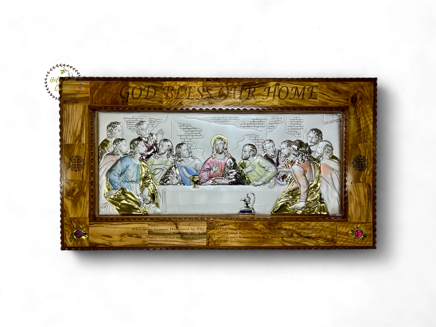 Olive Wood Last Supper Silver with Our Father Prayer Engraved