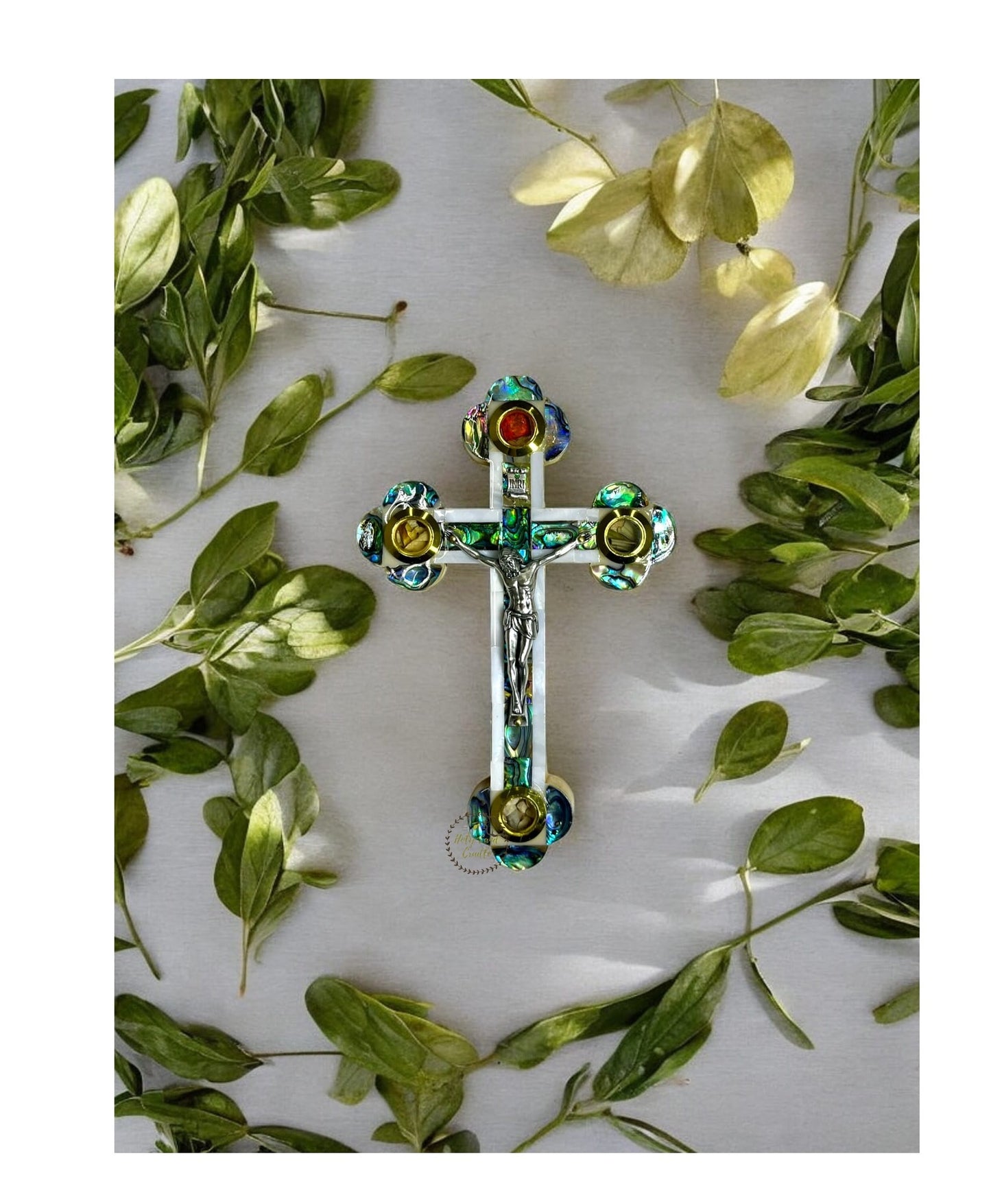 Olive wood With Mother of Pearl Cross with Corpus