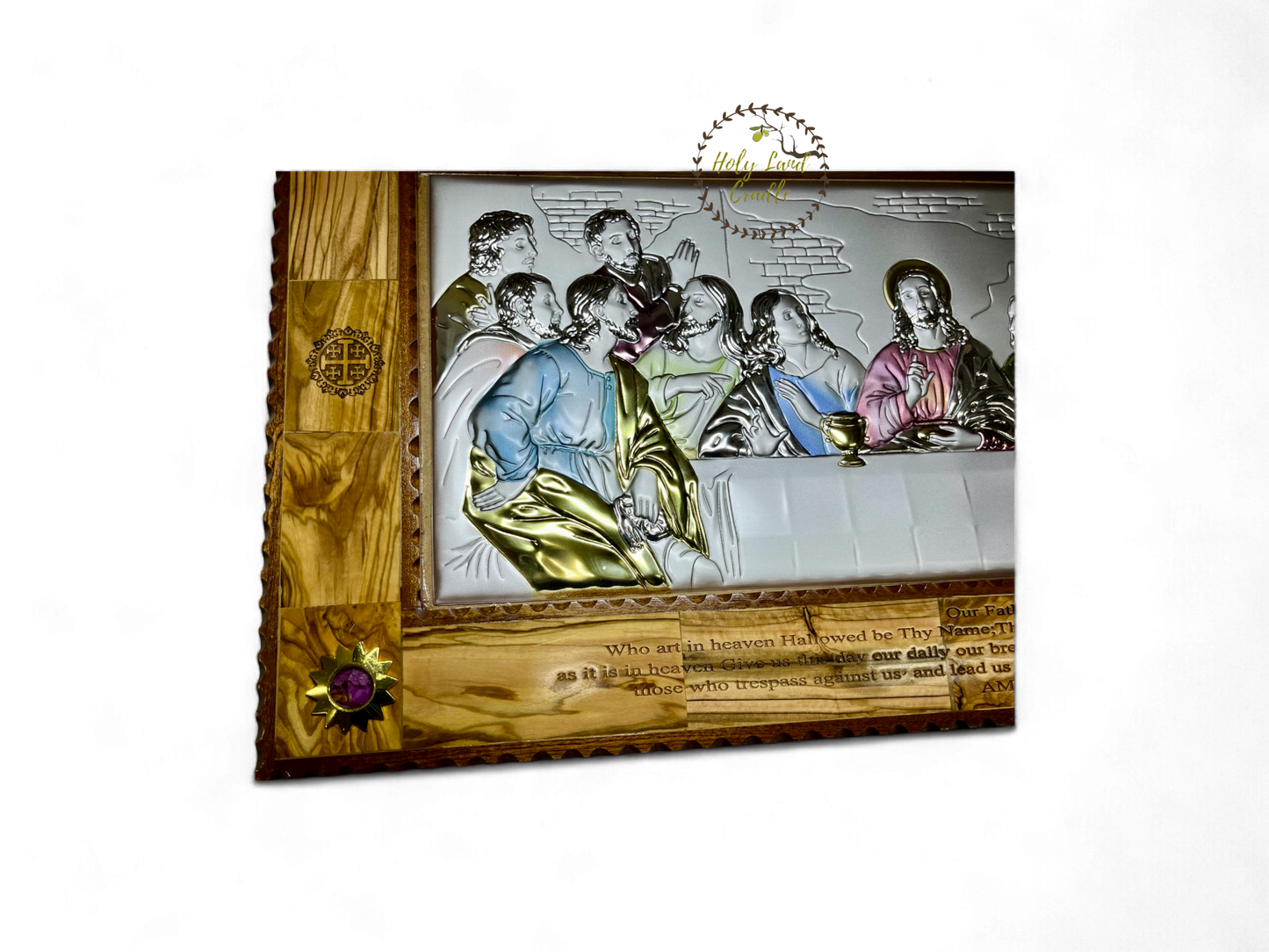 Olive Wood Last Supper Silver with Our Father Prayer Engraved