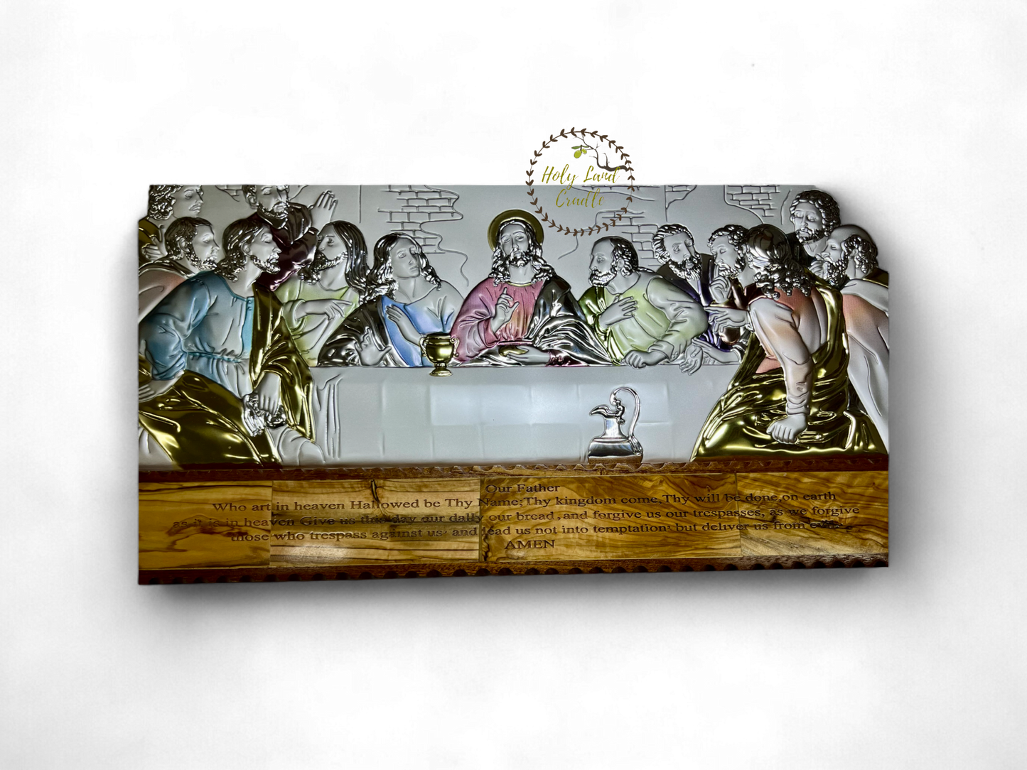 Olive Wood Last Supper Silver with Our Father Prayer Engraved