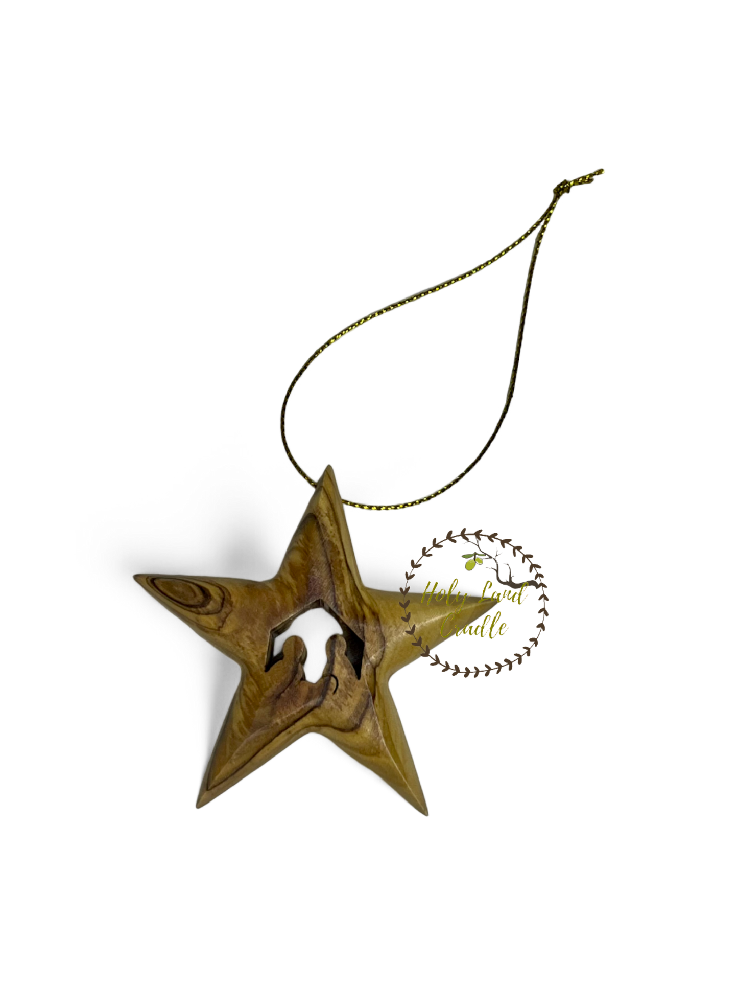 Olive Wood Star Ornament with Holy Family Carved