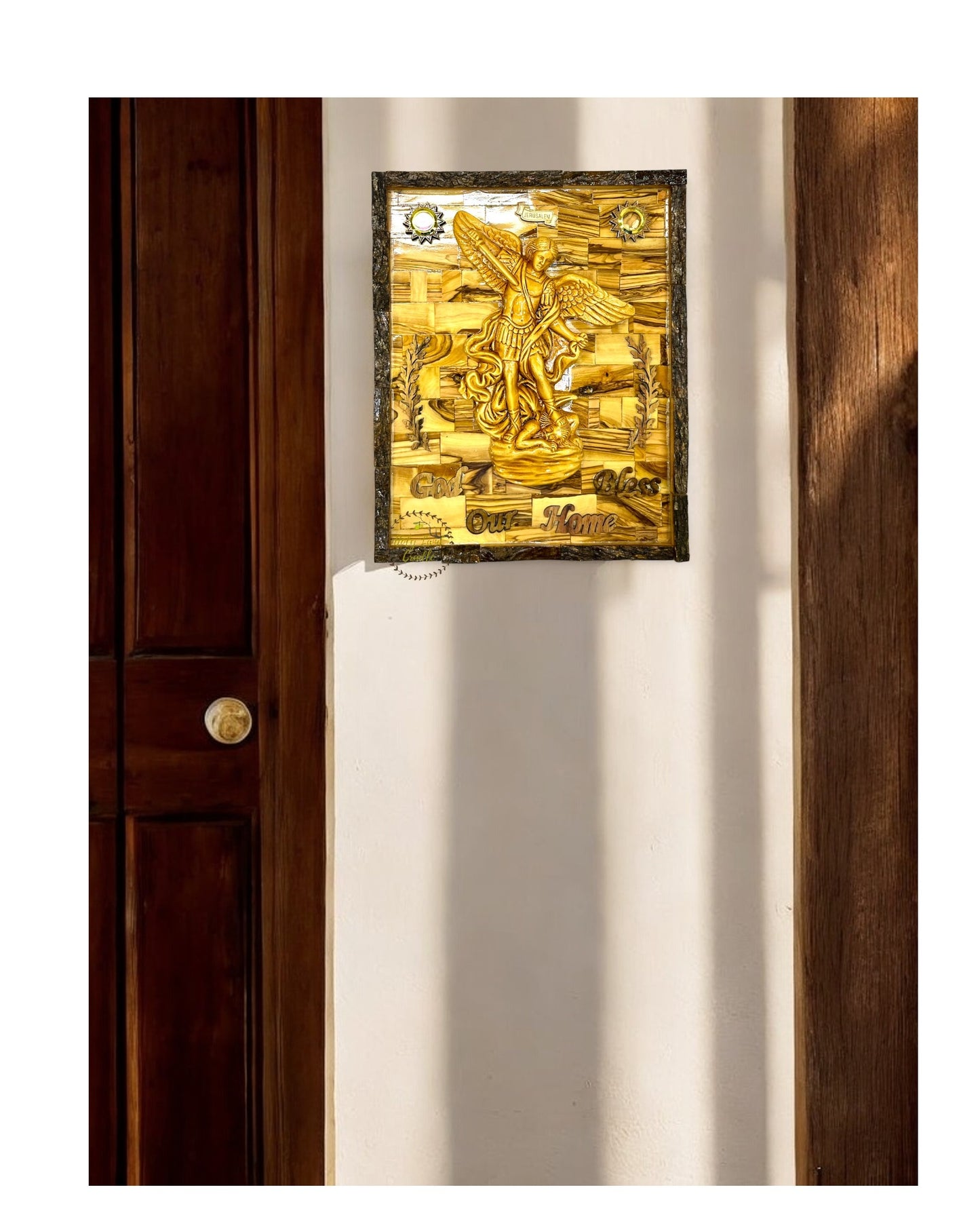 Olive Wood St. Michael Plaque with Natural Bark