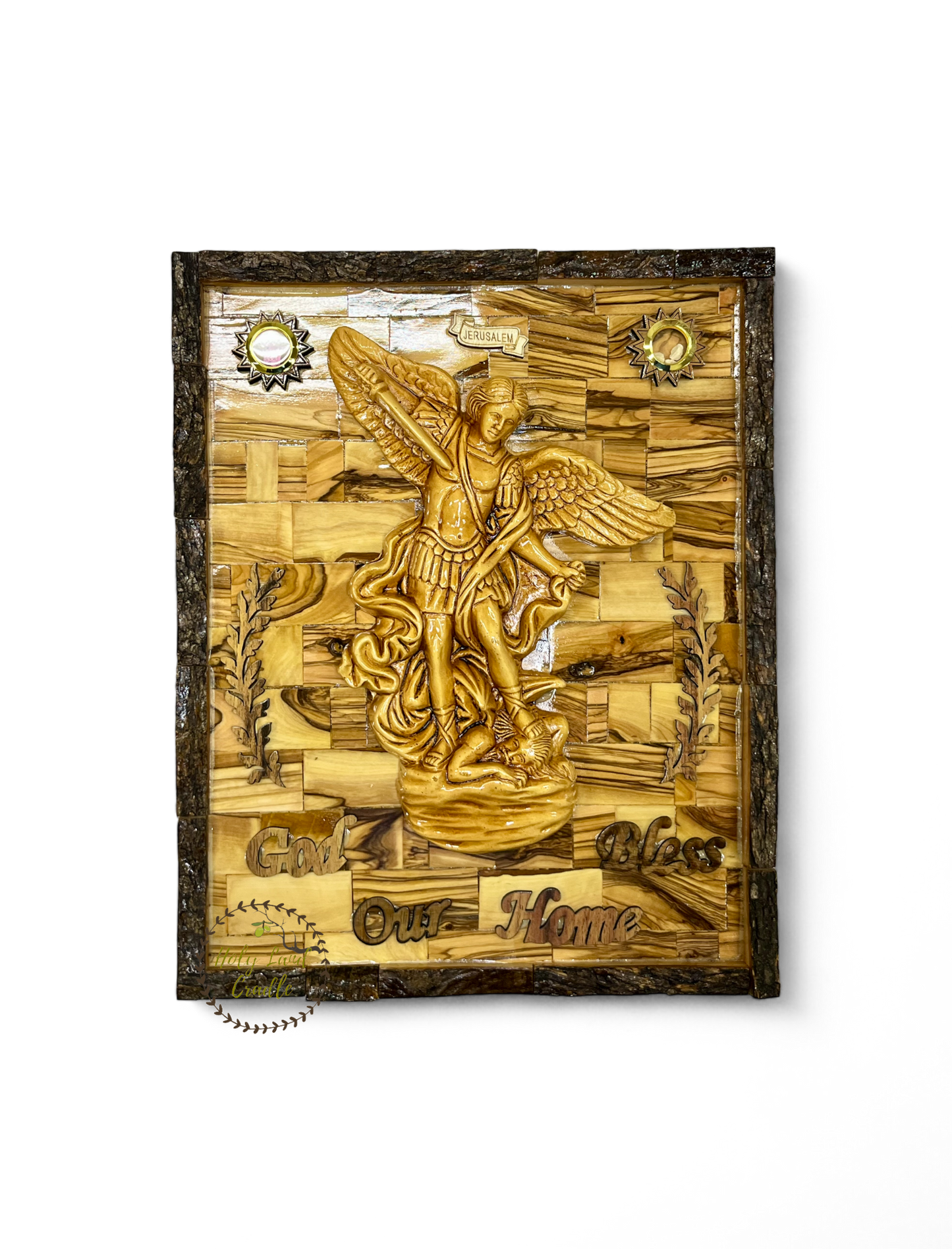 Olive Wood St. Michael Plaque with Natural Bark
