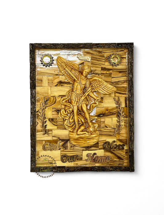 Olive Wood St. Michael Plaque with Natural Bark