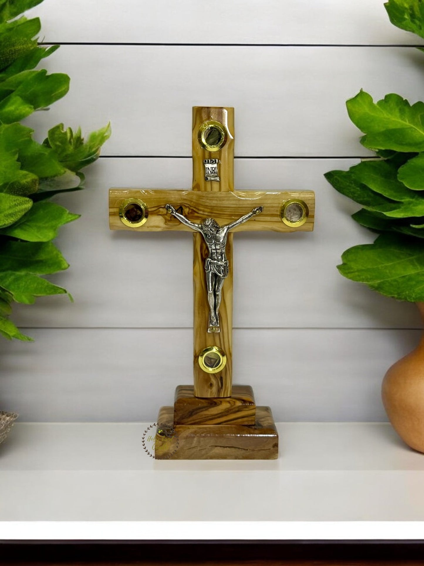 Olive Wood Cross With Corpus & 4 Glasses with Base