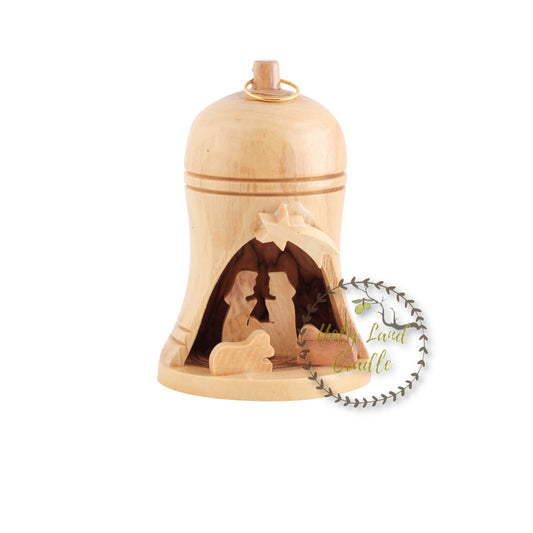 Olive Wood Bell Ornament with Holy Family