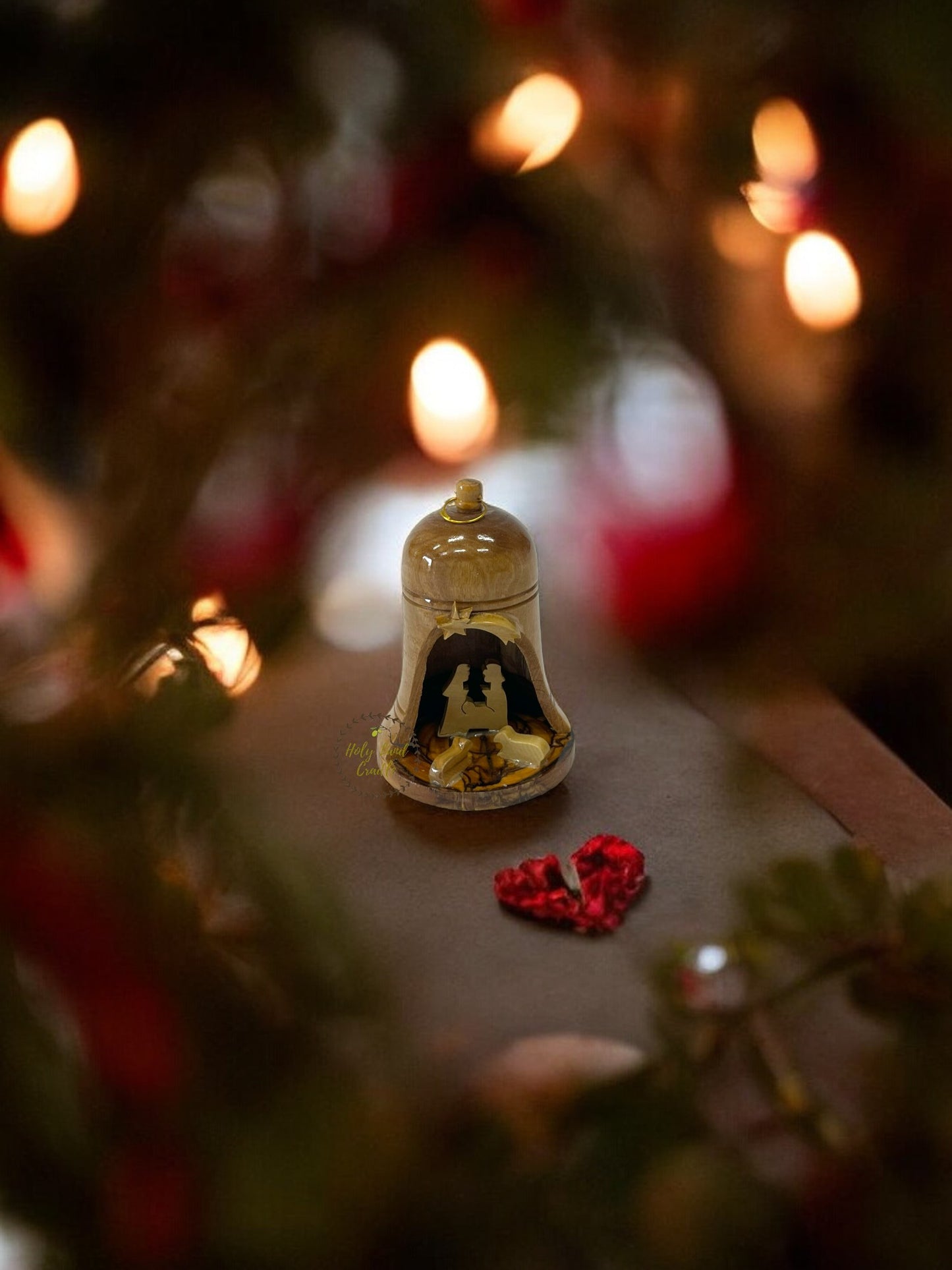 Olive Wood Bell Ornament with Holy Family