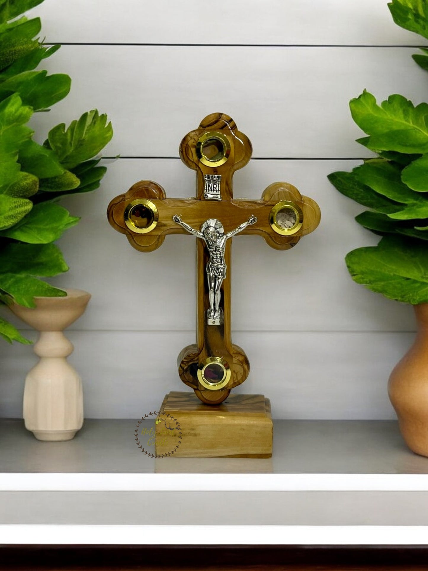 Olive Wood Cross With Corpus & 4 Glasses with Base