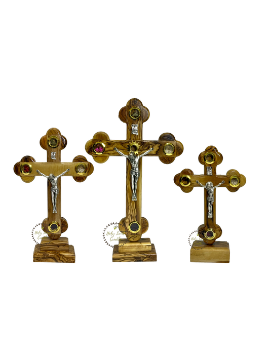 Olive Wood Cross With Corpus & 4 Glasses with Base