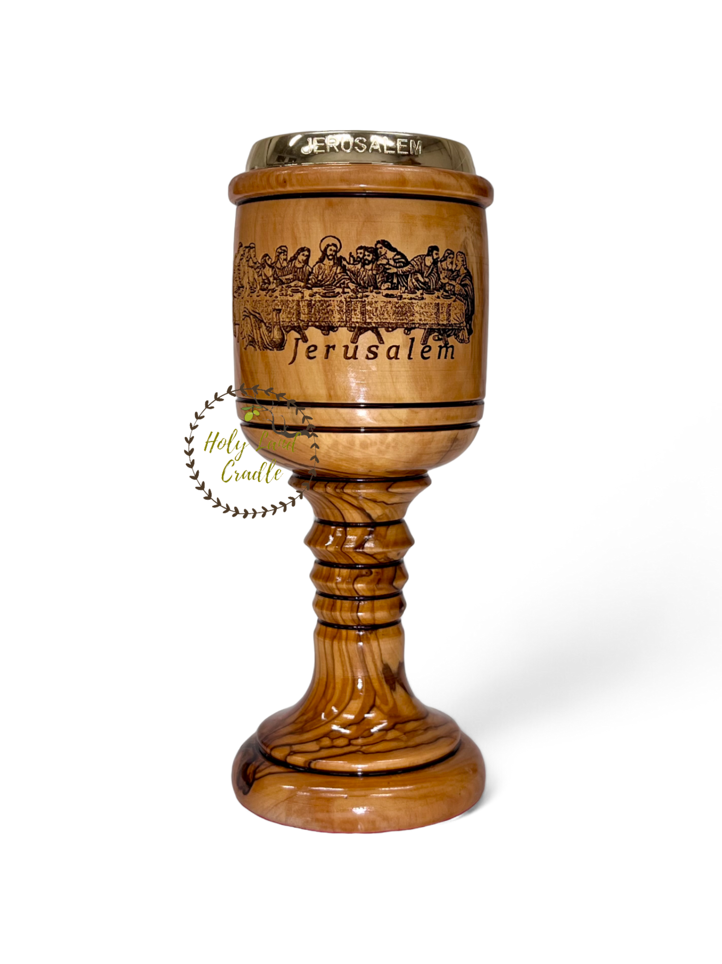 Olive Wood Chalice Last supper & Jerusalem Cross Engraved