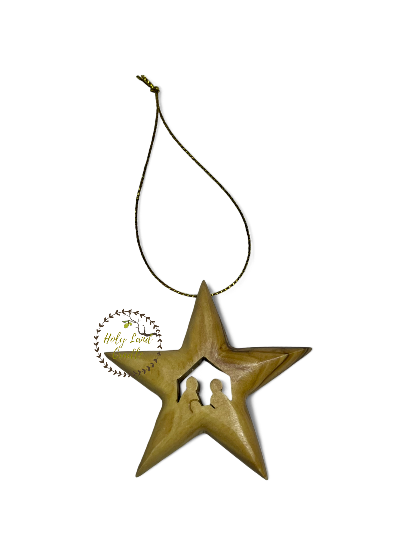 Olive Wood Star Ornament with Holy Family Carved