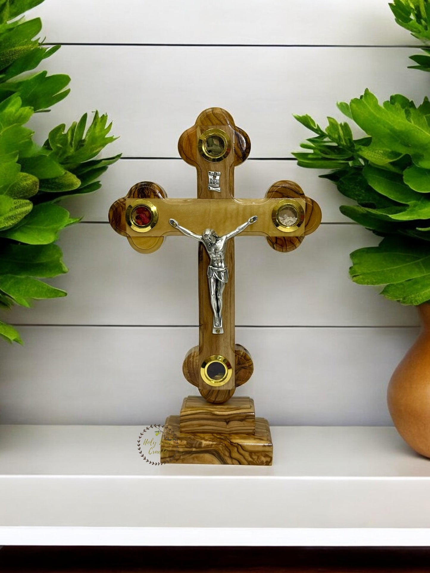 Olive Wood Cross With Corpus & 4 Glasses with Base