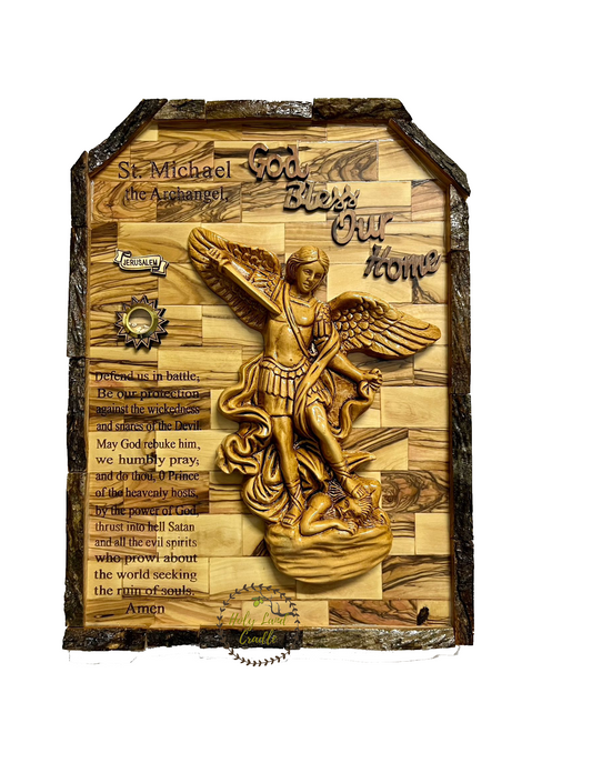 Olive Wood St. Michael Plaque with Natural Bark